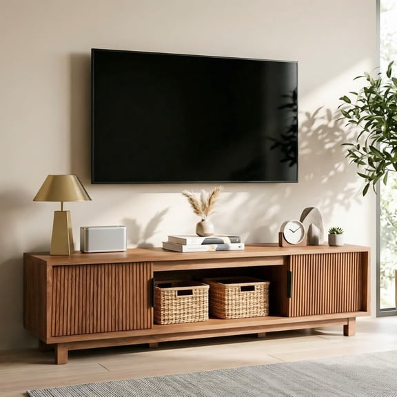 Fluted TV Stand for 55/60/65 Inch TV, Mid Century Modern Entertainment Center with Storage, Brown Walnut TV Console for Living Room, Bedroom