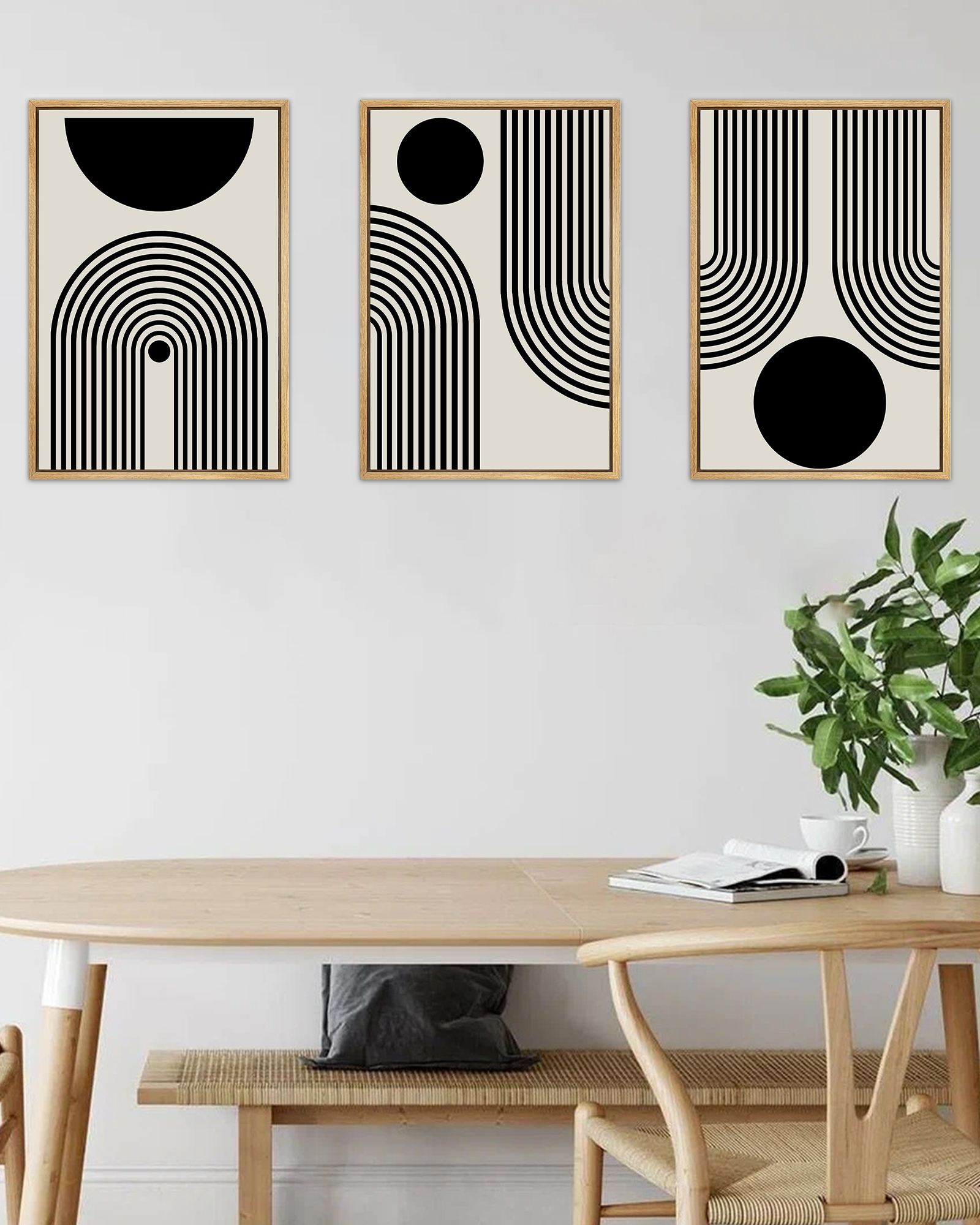 SHENIFY Black Abstract Boho Wall Art Framed Wood Geometric Wall Decor Mid Century Modern Minimalist Bohemian Bedroom Decor Canvas Prints Ready To Hang for Living Room - 12x16in3pcs Neutral Framed
