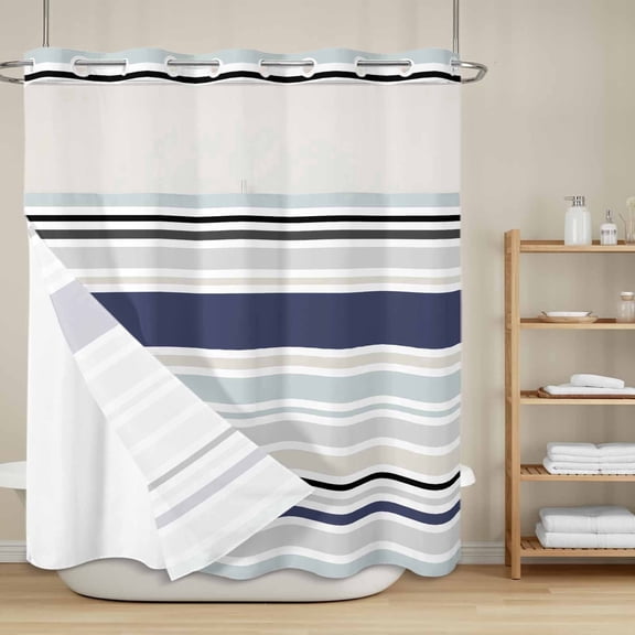 Bedliving No Hook Shower Curtain with Snap in Liner, Built-In Ring Fabric Shower Curtain Set, Mesh Top Window, Blue Grey Modern Stripe 72"x74"