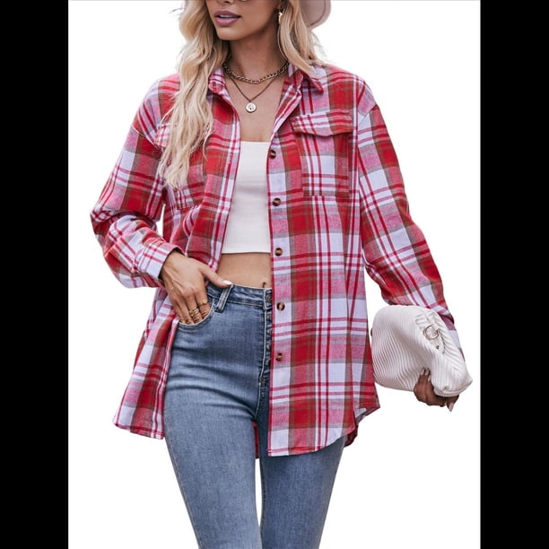 Camisa de Franela A Cuadros con Botones para Mujer, Chaqueta de Larga y Corta, Talla Grande. Rojo XL