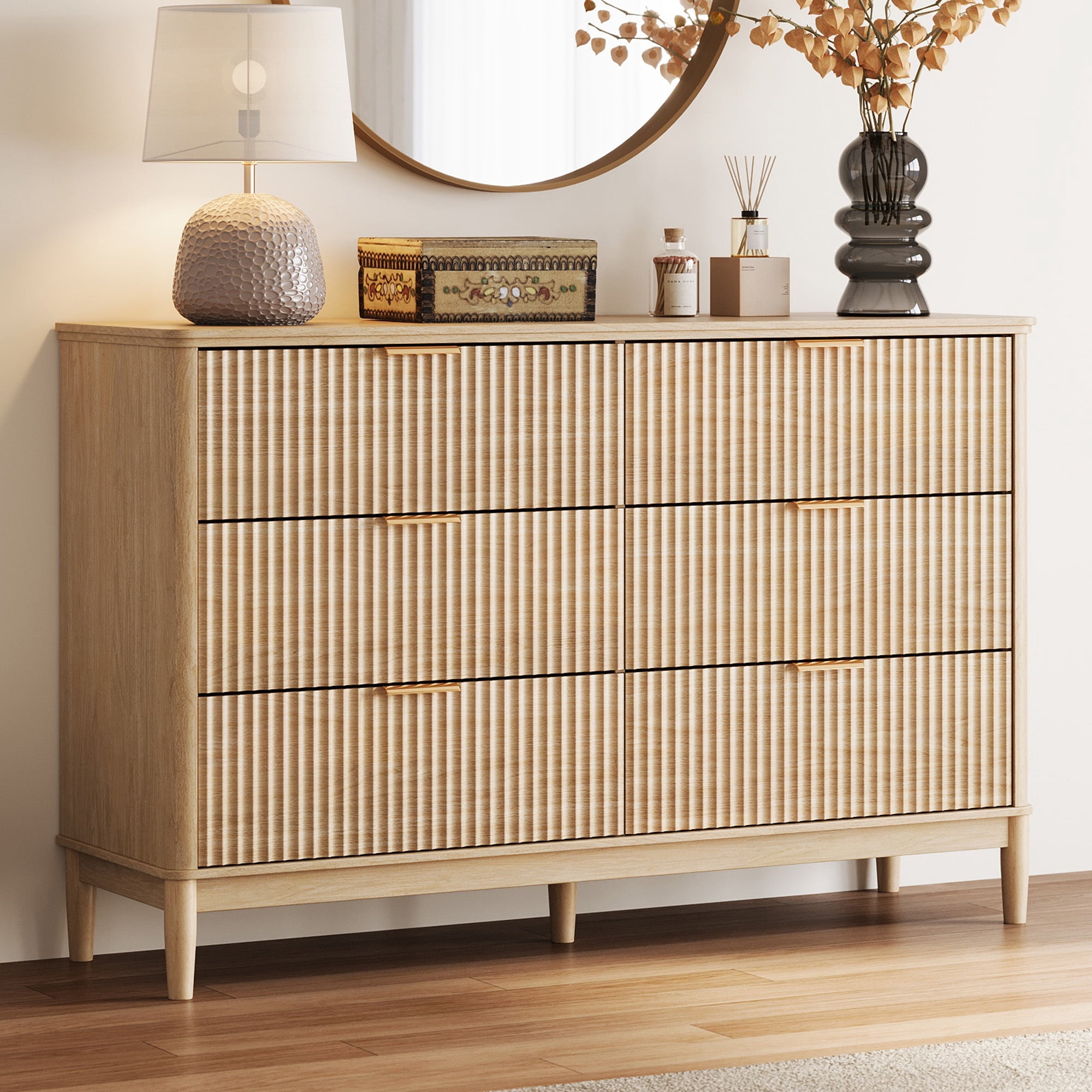 Linsy Home Fluted Dressers for Bedroom, Wide Chest of 6 Drawers, Oak