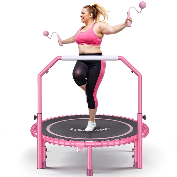 JOY SPOT! 450lbs Foldable 40" Trampoline for Adults, Mini Indoor Fitness Rebounder with U-Shape Adjustable Foam Handle, Quiet Bungee Jump System & Cordless Jump Ropes for Home Workout