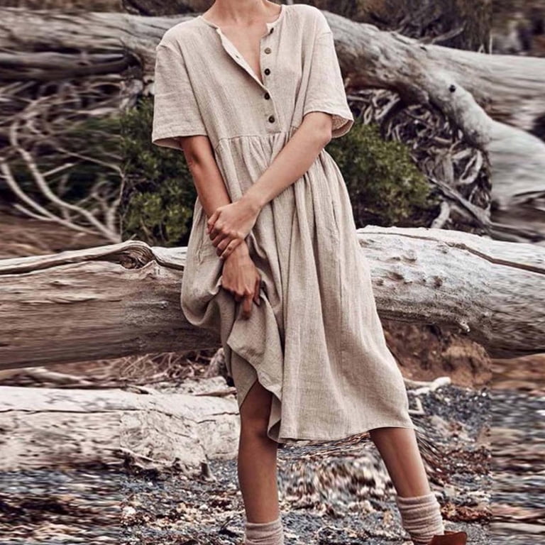 chinese dress ladies Linen midi khaki Shirt dress women 5707  Xiaolizi