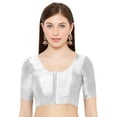 thumbnail image 1 of eloria Women's Art Silk Top Short Sleeve Blouse Deep Neck Top Sari Accessories Color: White | Size: 32, 1 of 5