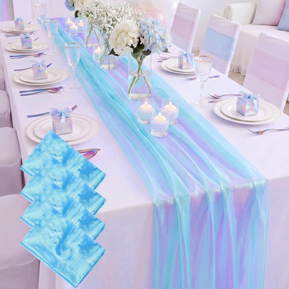 4 Pcs Iridescent Organza Table Runner Tablecloths 30 x 71 Inch Shiny Blue Gradient Fabric Rainbow Tulle Rectangle Table Cover for Beach Wedding Bridal Shower Ocean Birthday Party Decoration
