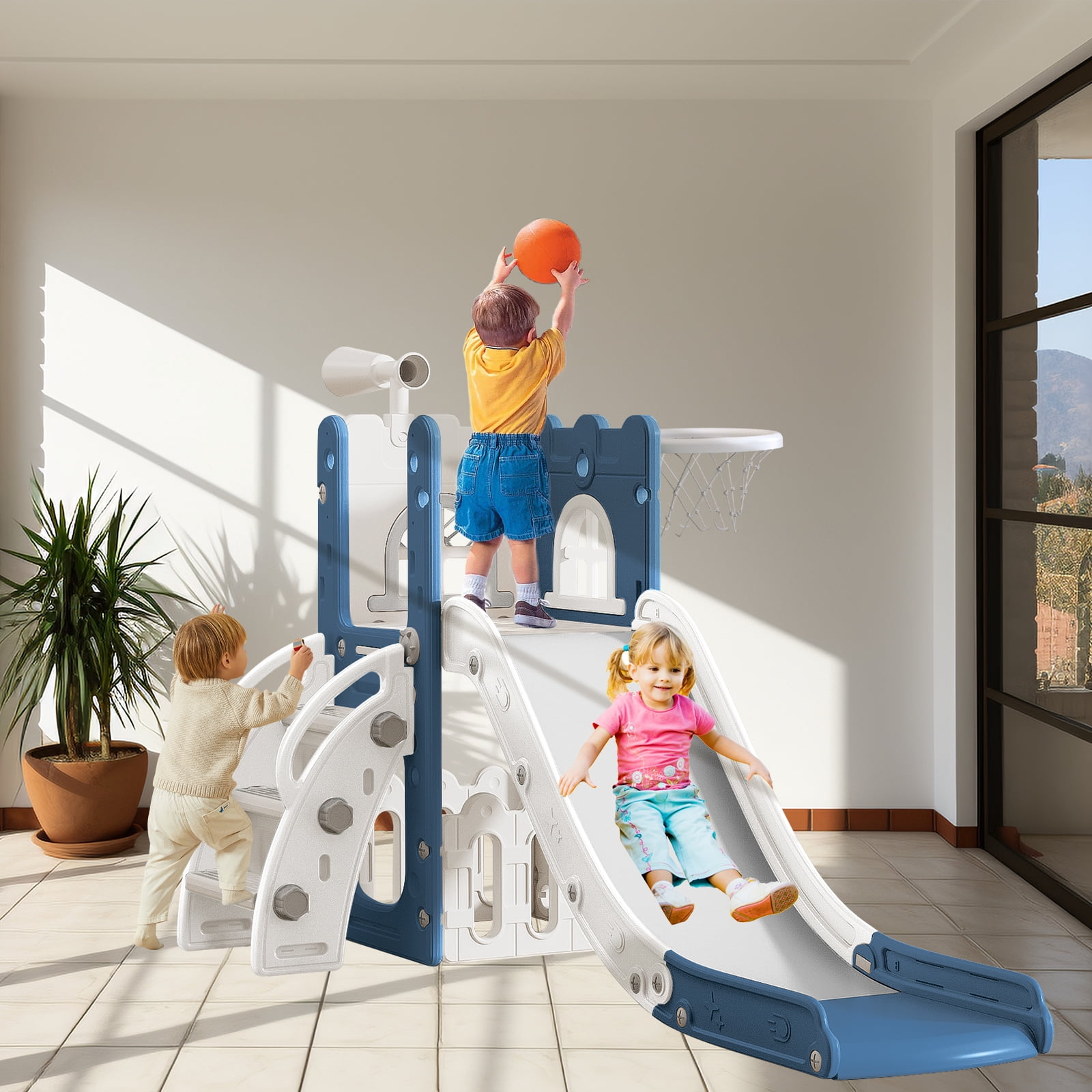 6 in 1 Kids Indoor Slide for Toddlers 1-3,Blue,Baby Slide for Indoor Outdoor with Basketball Hoop and Telescope,L Shaped Slide