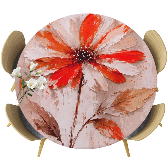 Round Fitted Tablecloth with Elastic Edge, Country White Orange Gradient Flower Fitted Table Cloth for Round Tables 55-60in, Vintage Mottled Back Waterproof Tablecloth for Outdoor Picnic Party