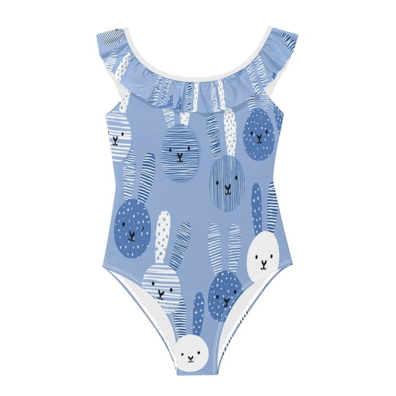 Girls Ruffled One Piece Swimsuit Summer Beach Vacation Swimwear Tank Swimsuit Striped Blue Rabbit