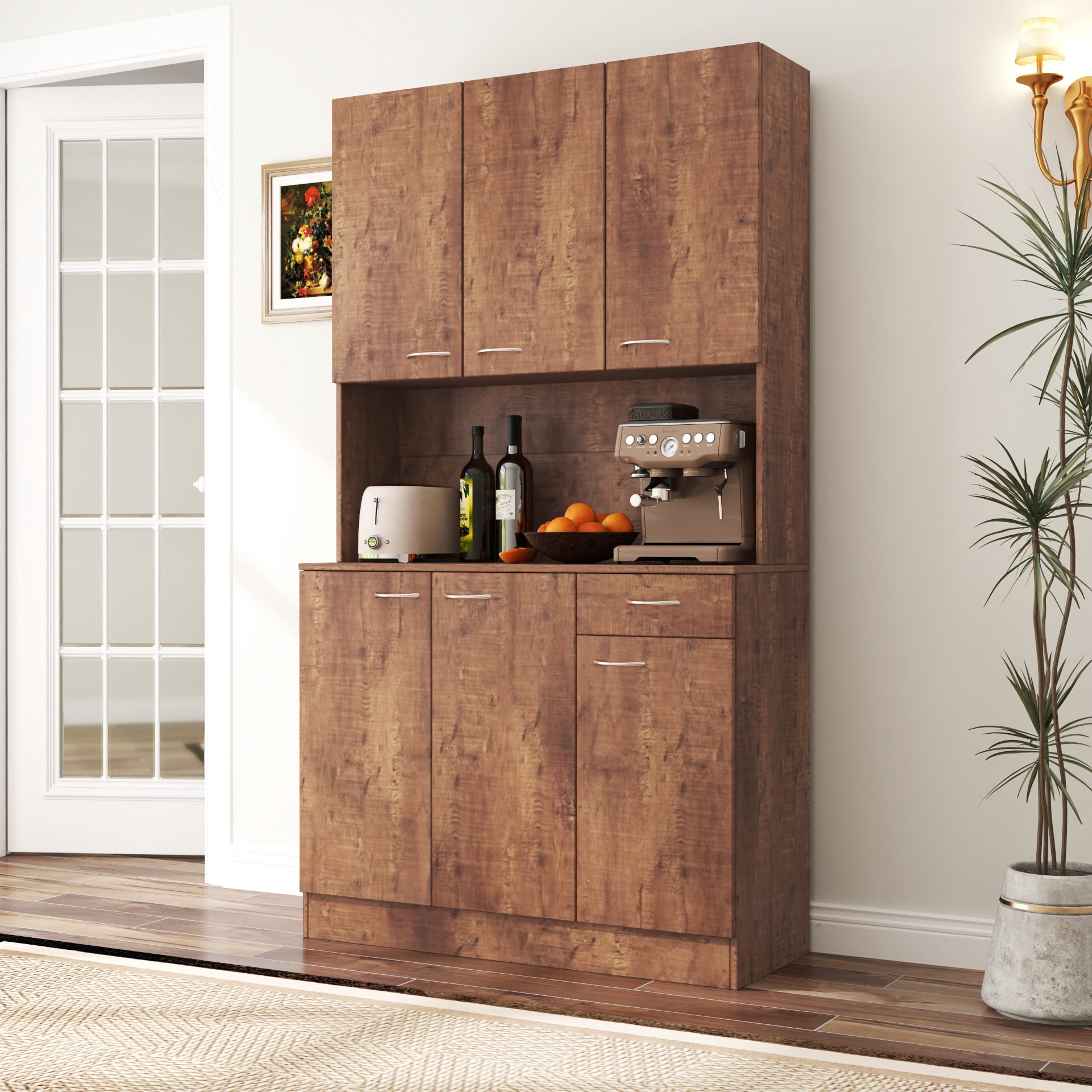 Mintazer 70.8" Tall Kitchen Pantry Cabinet with Open Shelf, Freestanding Food Storage Cabinet with Drawer & 6 Doors for Hallway Living Room Kitchen, Brown