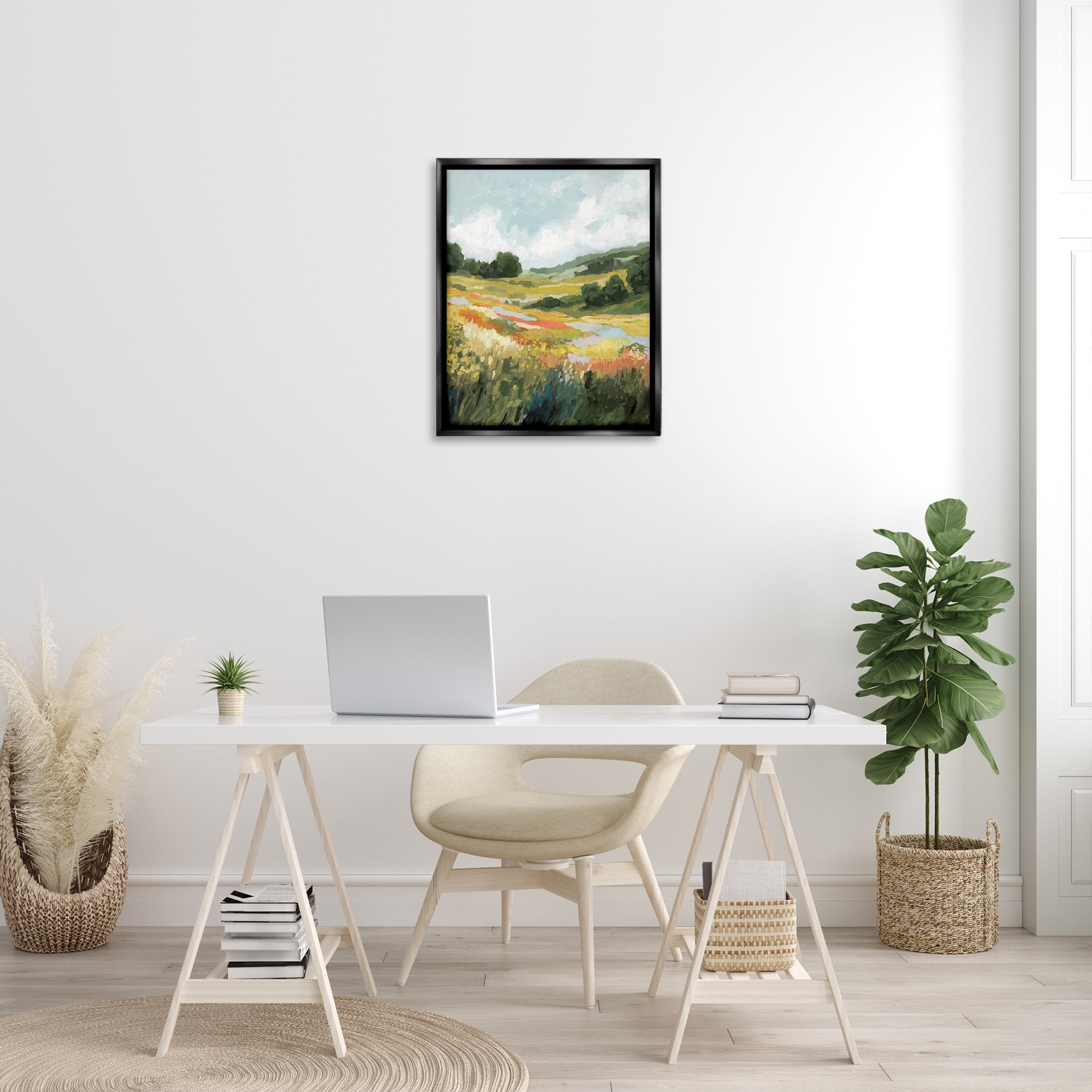 Stupell Industries Meadow with Distant Hills Landscape Painting Black Floater Framed Canvas Art Print Wall Art, 25 x 31