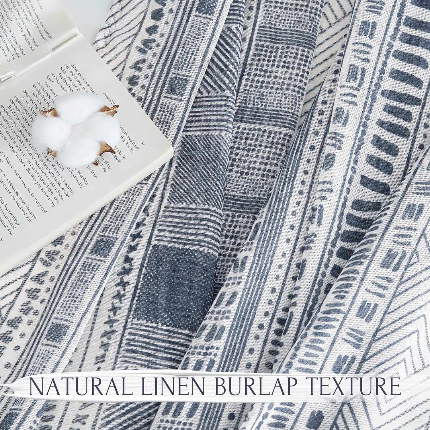 NICETOWN Boho Curtains 84 Inch length 2 panels set, Semi Sheer Linen Curtains Light Filtering Wrinkle Free Country Rustic Farmhouse Grommet Drapes for Bedroom Living Room, Navy Blue, 1 Pair