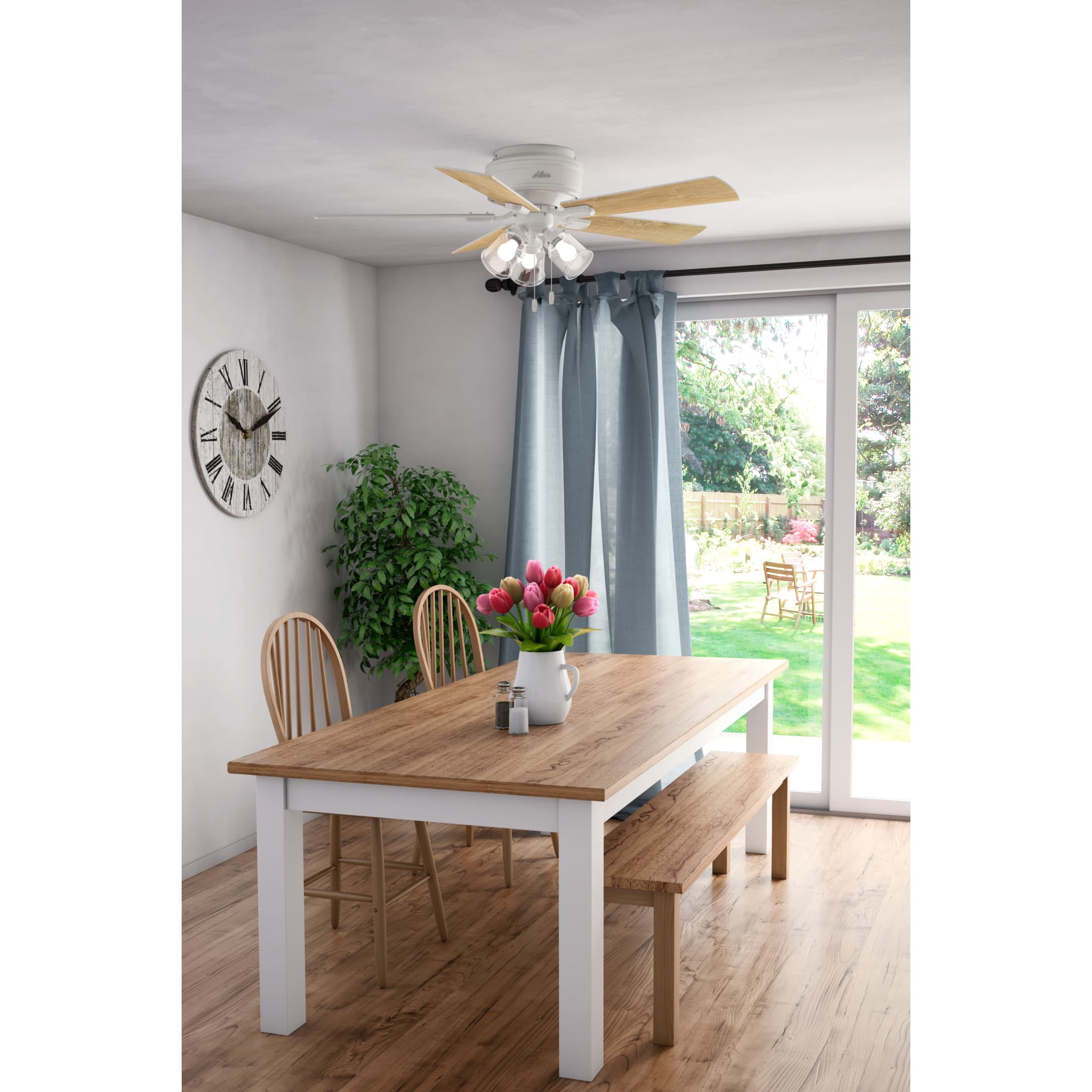 Hunter 52 inch Indoor Ceiling Fan with LED Lights and Pull Chain - Low Profile Mount White Ceiling Fan, 5 Blades, For Bedroom, Living Room, or Kitchen, Quiet - Crestfield 54207, Fresh White