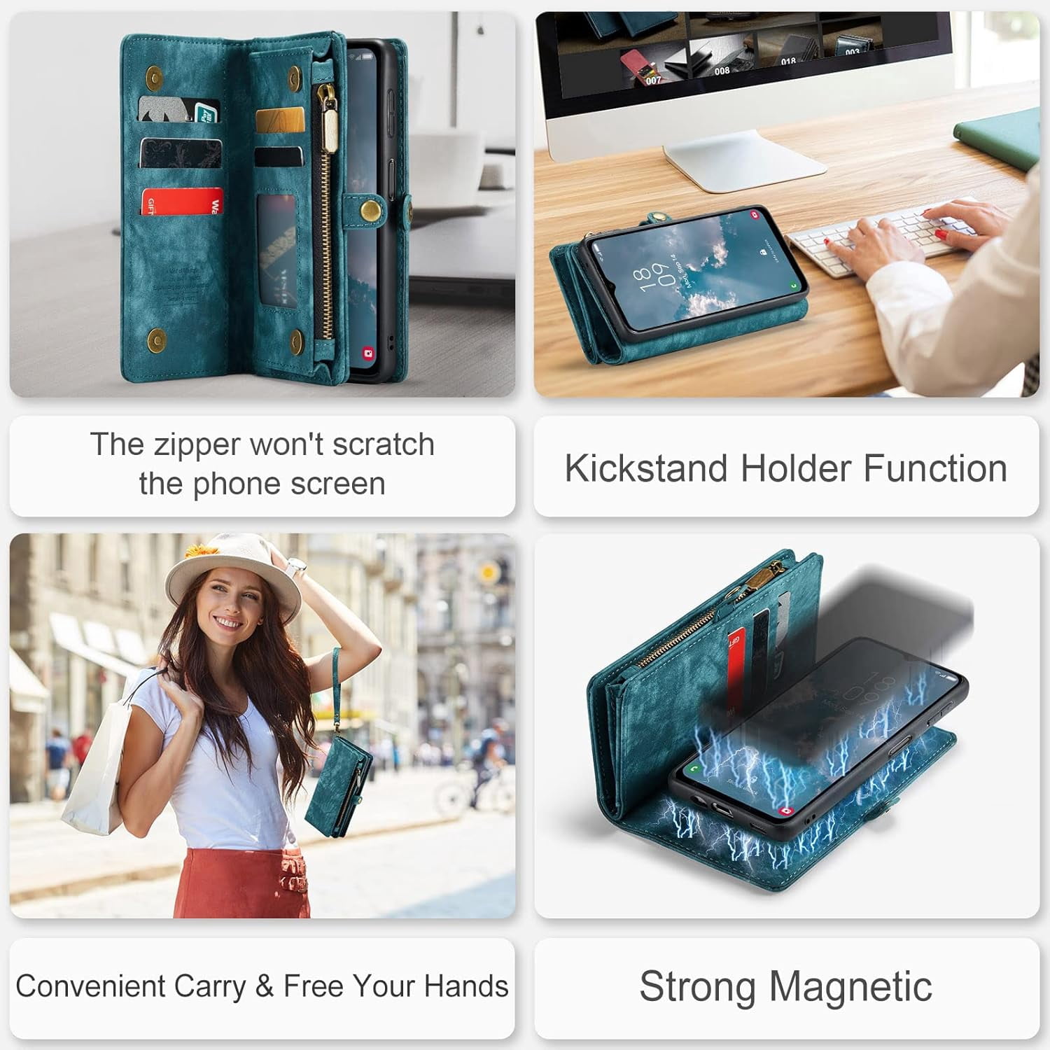 Phone Case for Samsung Galaxy A14 5G Zipper Wallet Detachable Cover with Tempered Glass Screen Protector and Leather Flip Credit Cash Card Holder Cell Accessories A 14 4G 14A G5 Women Men Blue
