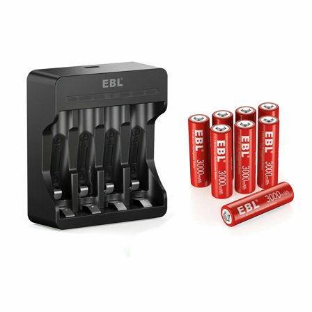 EBL Rechargeable AA Batteries (8 Pack), 3000mWh Li-ion Double a Batteries   4 Bay Battery Charger