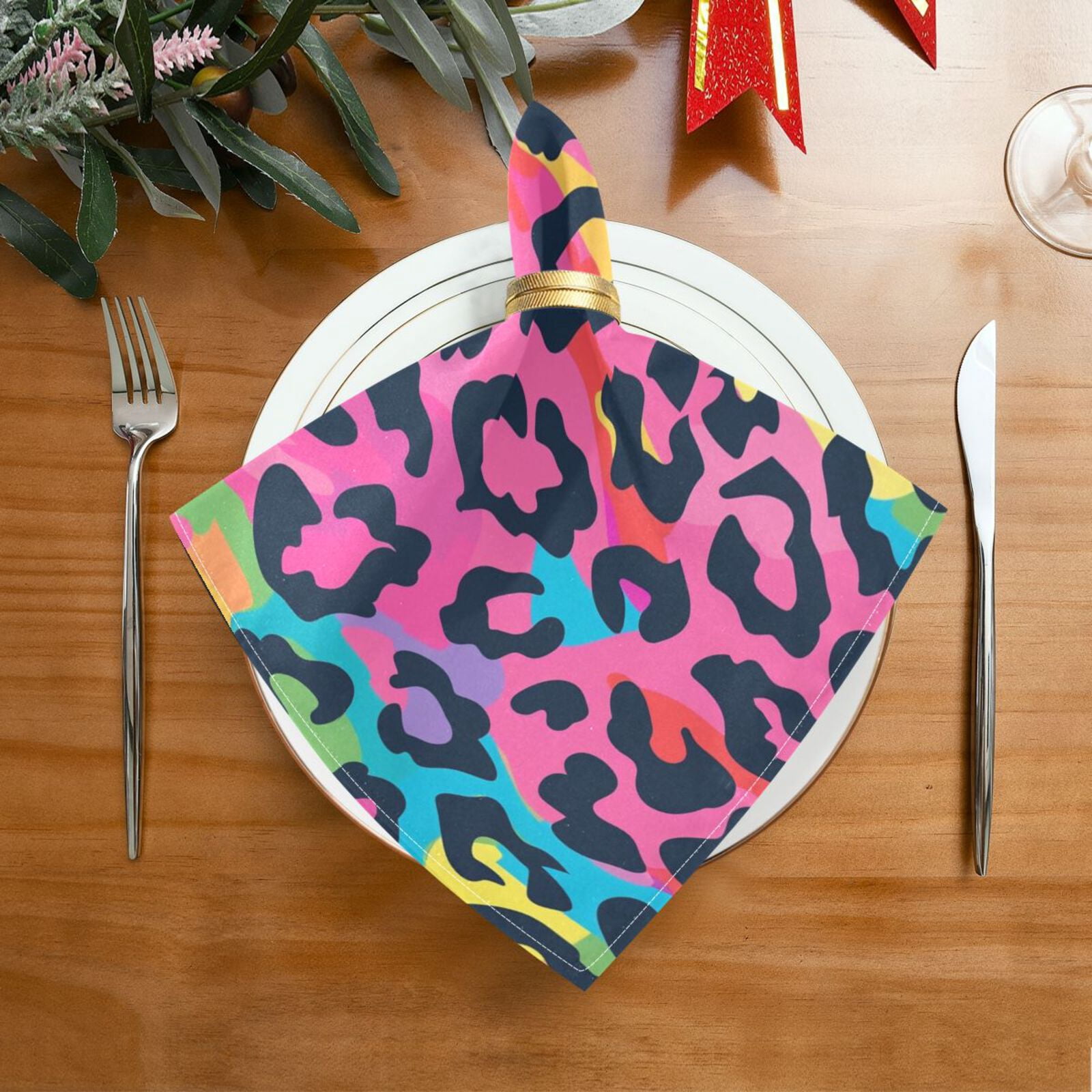 JSTEL Rainbow Leopard Cheetah Print Cloth Napkins Set of 6, 20x20 Inch Washable and Reusable Napkin for Decoupage Dinner Party Everyday Use