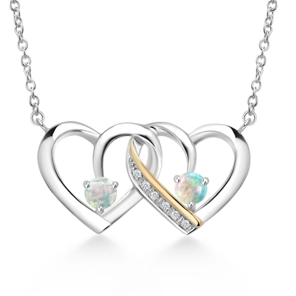 925 Silver and 10K Yellow Gold White Simulated Opal and White Lab Grown Diamond Interlocking Heart Pendant Necklace for Women (0.53 Cttw, Gemstone October Birthstone, with 18 inch Chain)