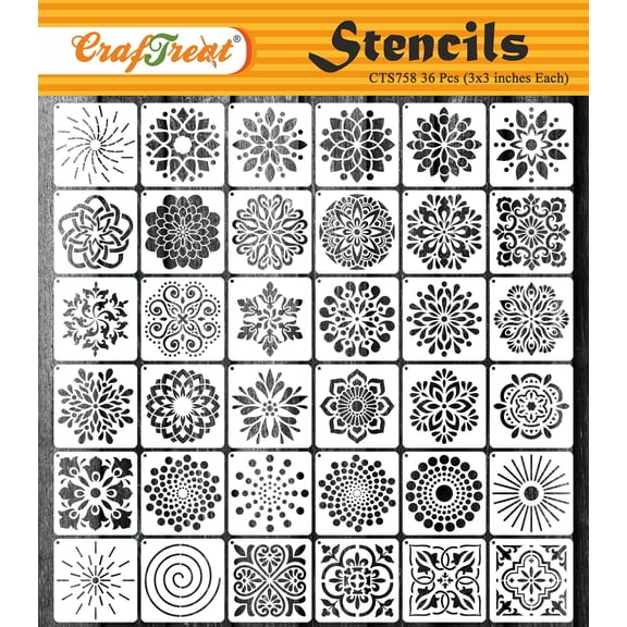 CrafTreat 36 Pieces Mandala Stencils for Painting on Wood (3x3), DIY Reusable Stencils for Crafts, Kids, Walls, Decoration, Elegant Mandala Stencils for Dot Painting