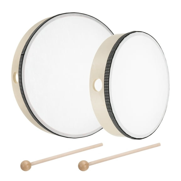 Uxcell 2 Pcs Hand Drum Music Percussion 10 Inch & 8 Inch Wood Frame Drum Set with Drum Stick Musical Instrument for Musical Education Home Party Performance Supplies (Wood Color)