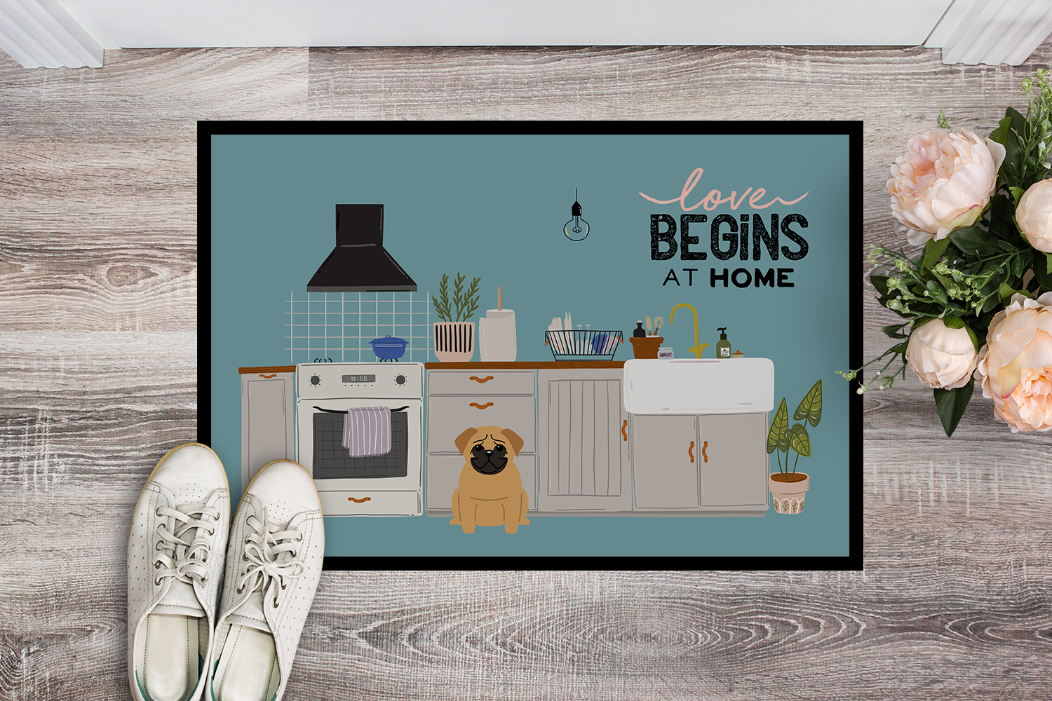 Brown Pug Kitchen Scene Door Mat