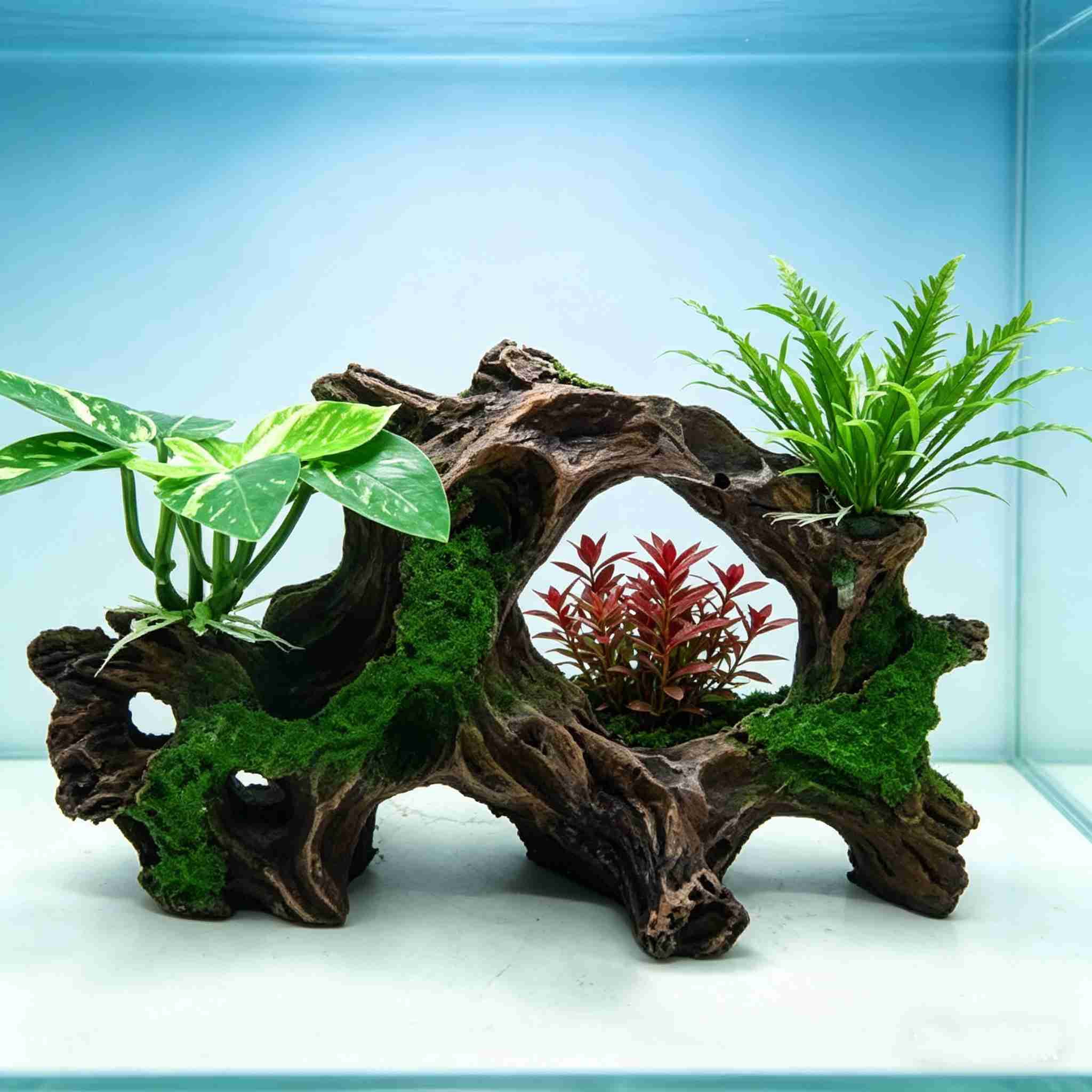 Driftwood Cave Aquarium Decor Set of 8, Silk Aquarium Plants Leaves for Aquarium Decoration and Fish Tank Decoration