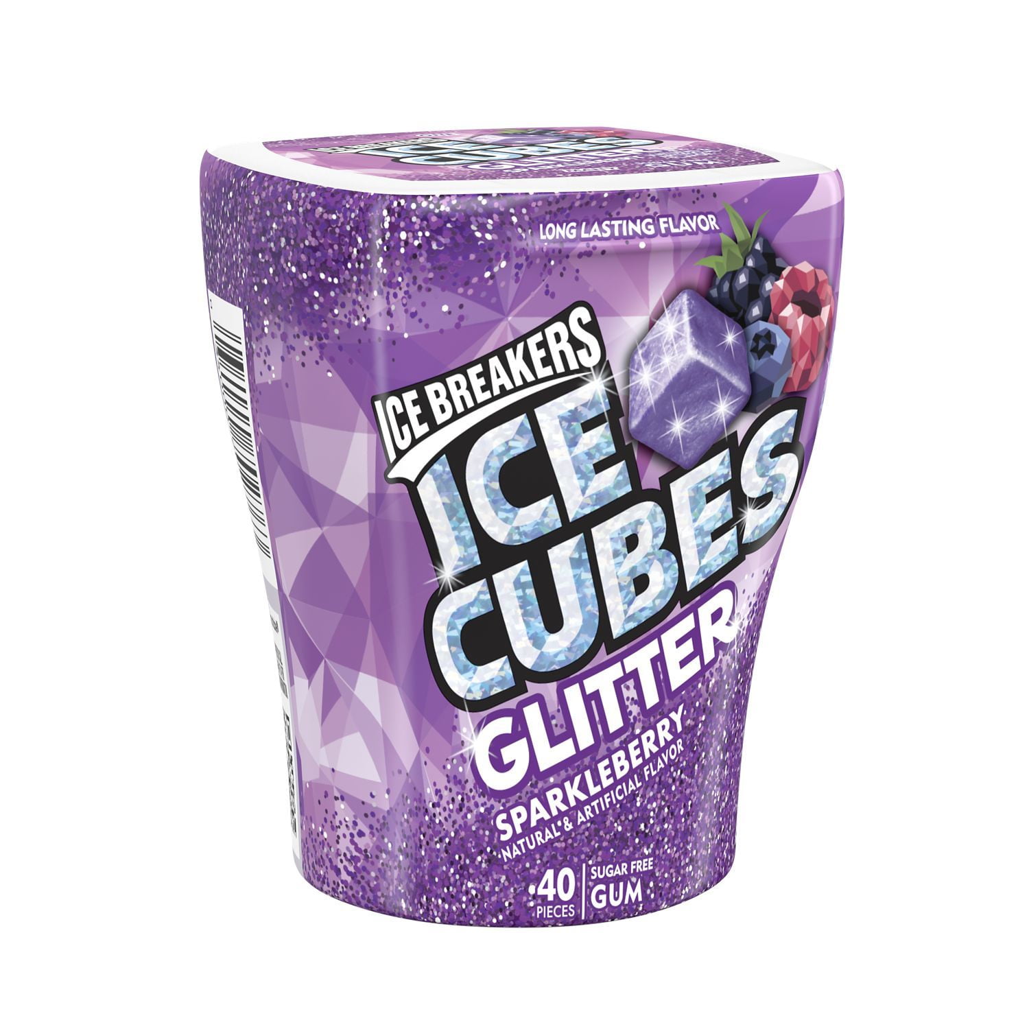 ICE BREAKERS, ICE CUBES Sparkleberry Sugar Free Glitter Chewing Gum, Made with Xylitol, 3.24 oz, Bottle (40 Pieces)