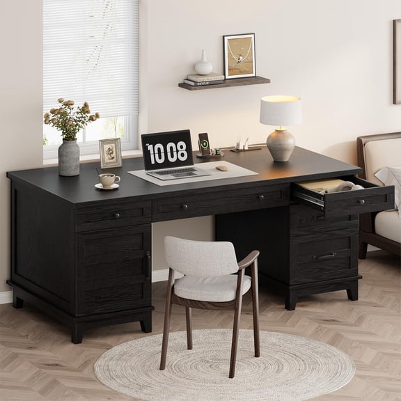 Garvee 60" Farmhouse Executive Desk with File Drawers, Built-In Charging Station, Wooden Computer Desk with Cabinet Storage for Home Office, Work & Study-Black(Only Desk)