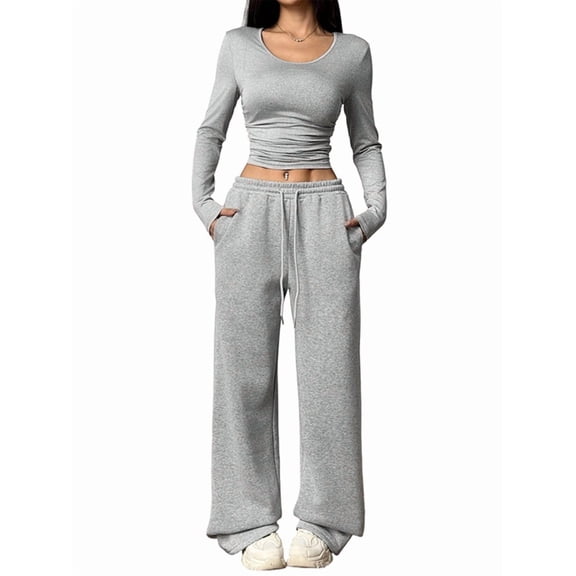 Women 2 Piece Matching Lounge Sets Clothing Comfiest Wide Leg Pants Y2K Sweatsuits Fall Outfit Gray XS