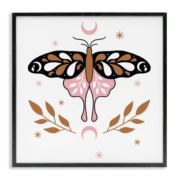 Stupell Industries Moth & Crescent Moons Animals Painting Black Framed Art Print Wall Art, 12 x 12