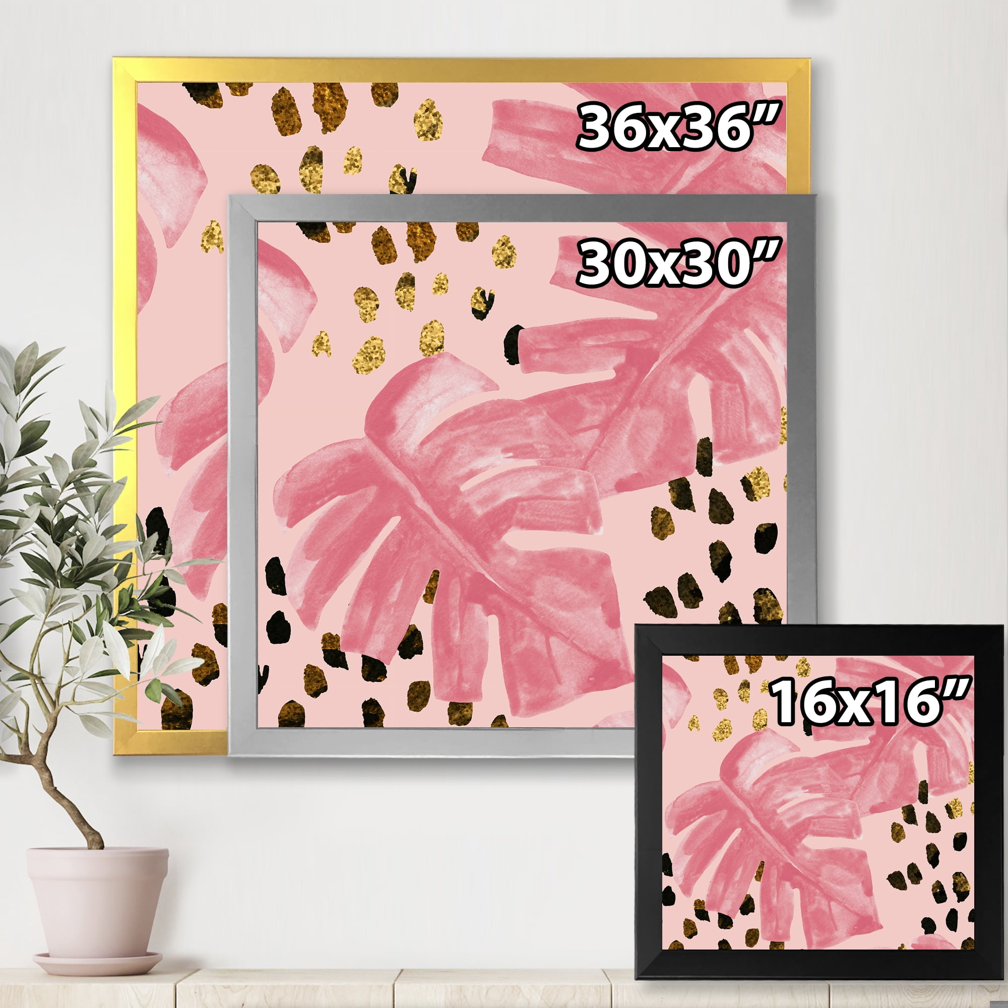 Designart 'Rough Brush Strokes Pink Colored Monstera I' Tropical Framed Art Print