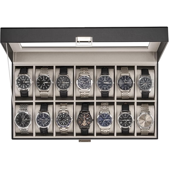 Procase Watch Case for Men, 14 Slot Mens Watch Box Holder Organizer with Glass Lid -Black