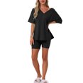 thumbnail image 2 of Pijamas para mujeres INSPIRE CHIC de 2 piezas, conjunto de camiseta de cuello en V oversized, traje reversible, camisetas, pantalones cortos de ciclista, conjunto de lounge M negro, 2 of 5