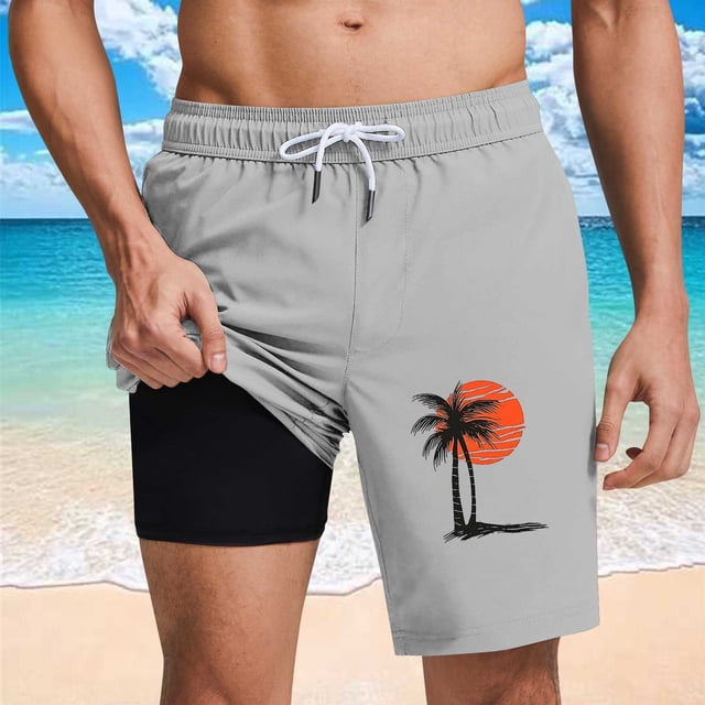 Ceisia Men's Quick Dry 2-in-1 Board Shorts with Palm Tree Print & Elastic Drawstring Waist Gifts
