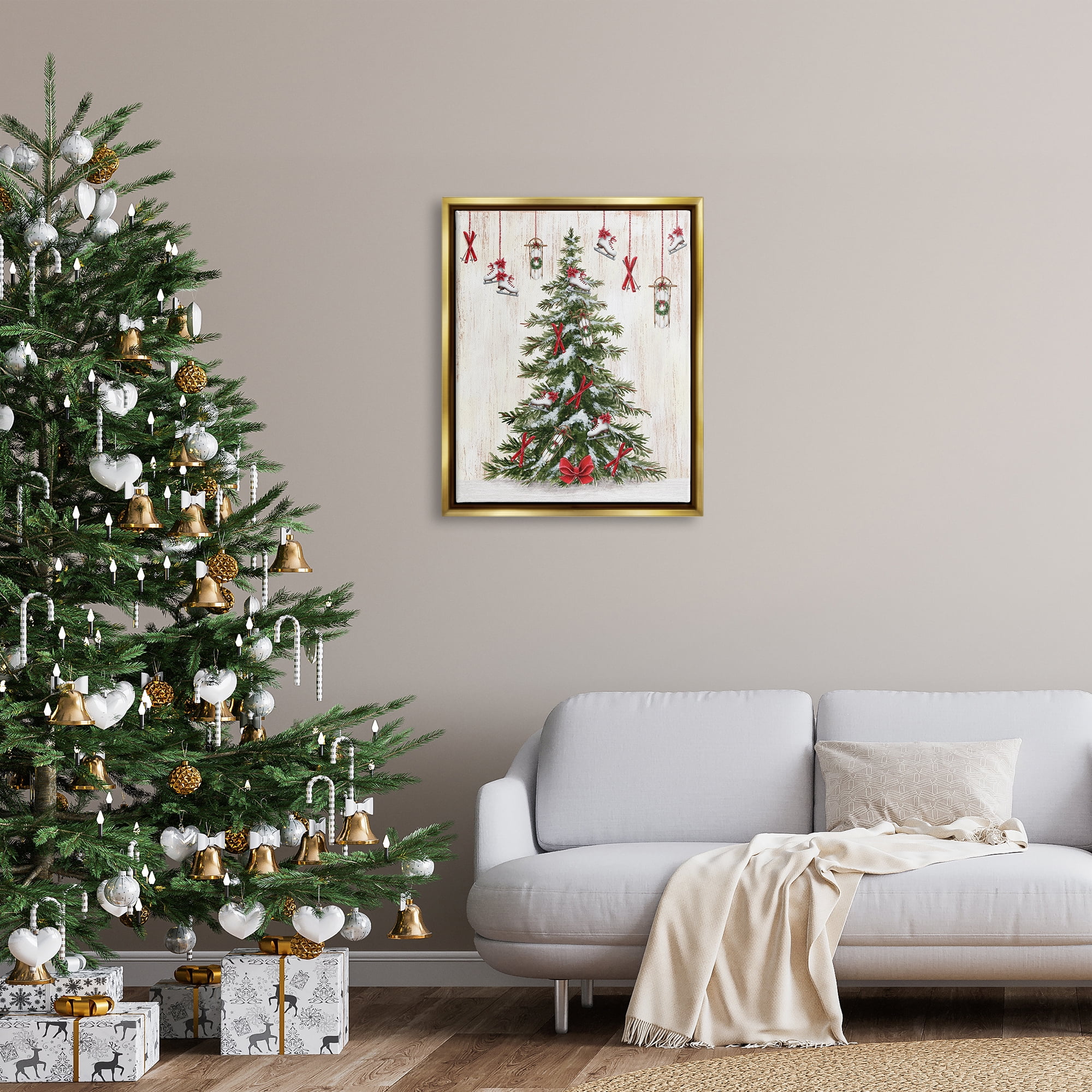 Stupell Industries Ice Skates & Sleds on Tree Holiday Painting Gold Floater Framed Canvas Art Print Wall Art, 25 x 31