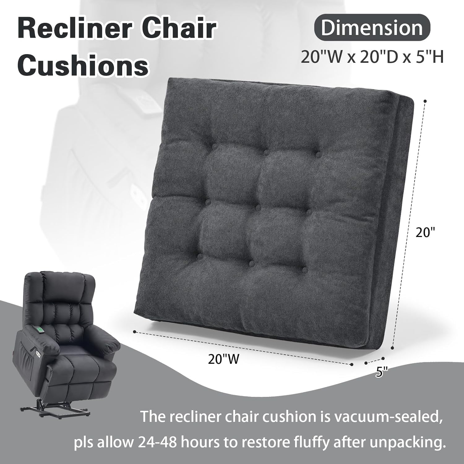 Recliner Seat Cushion for Elderly - Patented Dual Design for Sagging Recliner Replacement & Easy Get Up, Booster Cushion Relieves Back Pain from Sofa, Couch, Chair 20x20x5 Inches Dark Grey