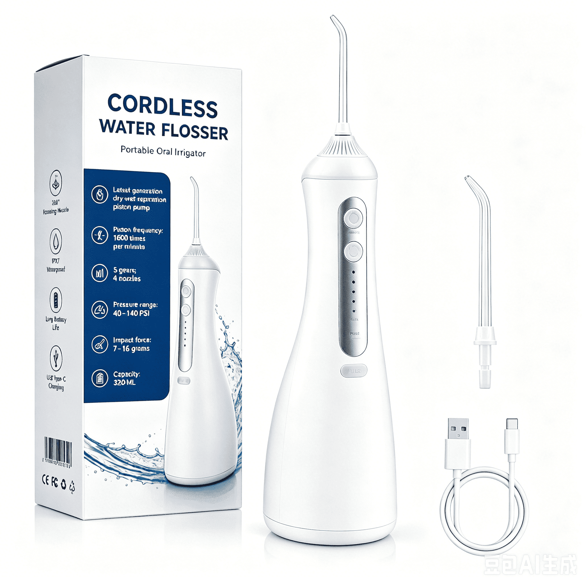 Lefinee Water Flosser, Cordless, 320ml Removable Water Tank, 3 Pressure Modes, IPX7 Waterproof