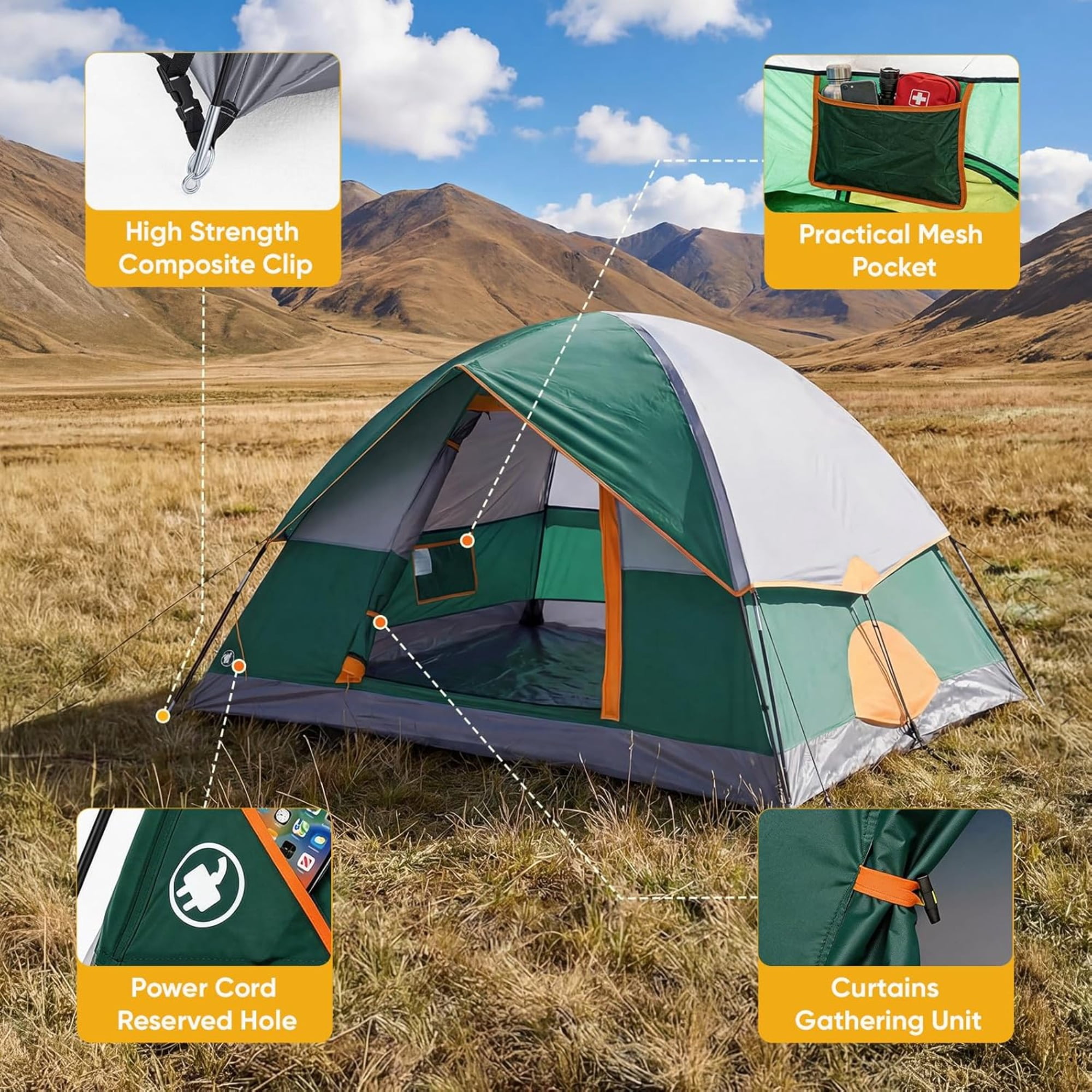 VANECL Camping Tent 2-4 Person Dome Tent with 5 Min Easy Setup Lightweight Waterproof Design for Outdoor Hiking Backpacking and Beach Use, Green