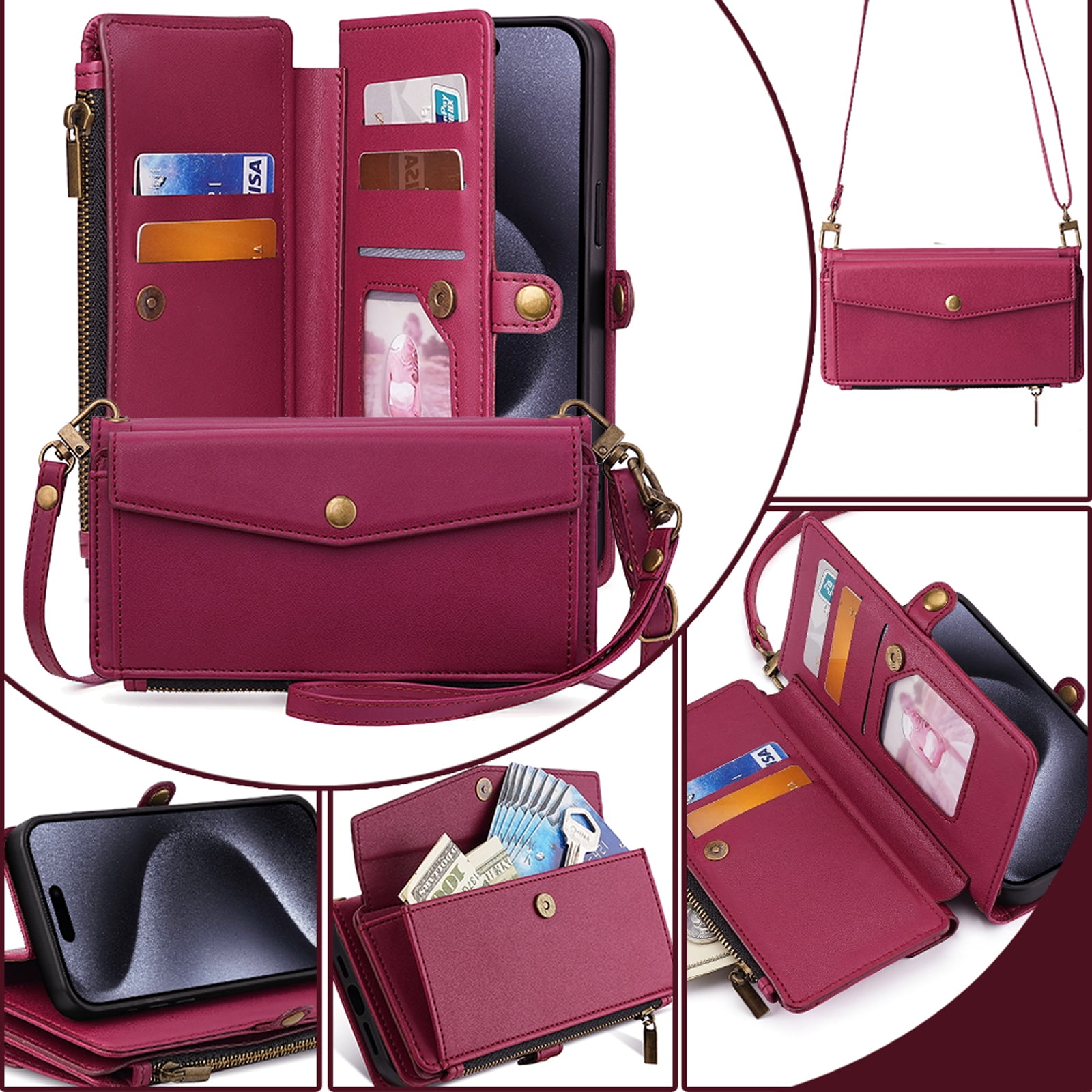 Compatible with iPhone 16 Pro Max Crossbody Wallet Case,Flip Folding Kickstand,With Card Slots,Long Strap&Short Strap,Zipper Pocket,Shockproof Heavy Duty PU Leather Phone Case,Red
