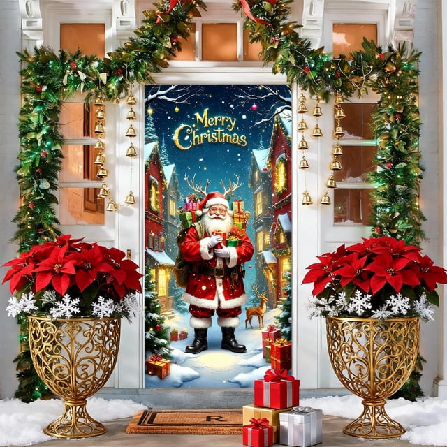 Funda Navideña para Puerta con Diseño de Papá Noel, 89 X 183 Cm (35 X 72 Pulgadas), Decoración Festiva | Tela de Poliéster Resistente | Fácil Instalación | Apta para Uso Interior y Exterior | Multico