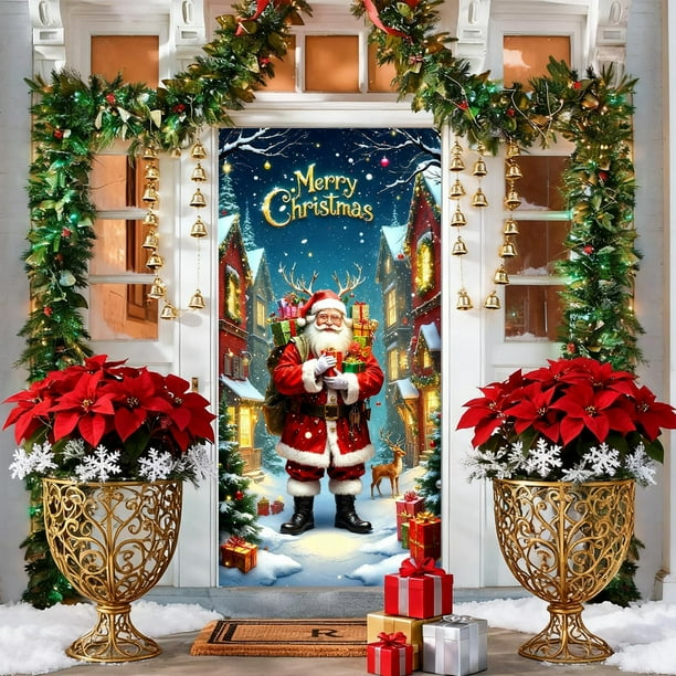 Cortina navideña para puerta con decoración de Papá Noel | Cortina de tela de poliéster para decoración navideña