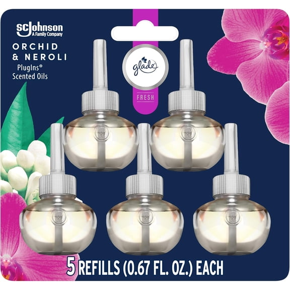 Glade PlugIns Refills Air Freshener, Scented and Essential Oils for Home and Bathroom, Orchid & Neroli, Fresh Collection 3.35 Fl Oz, 5 Count