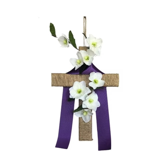 Easter Cross Wreath for Front Door, 14" Rustic Twine Wrapped Hanging Wood Cross with Lilies and Purple Ribbon, Spring Floral Door Decor for Home Wall Farmhouse Decoration