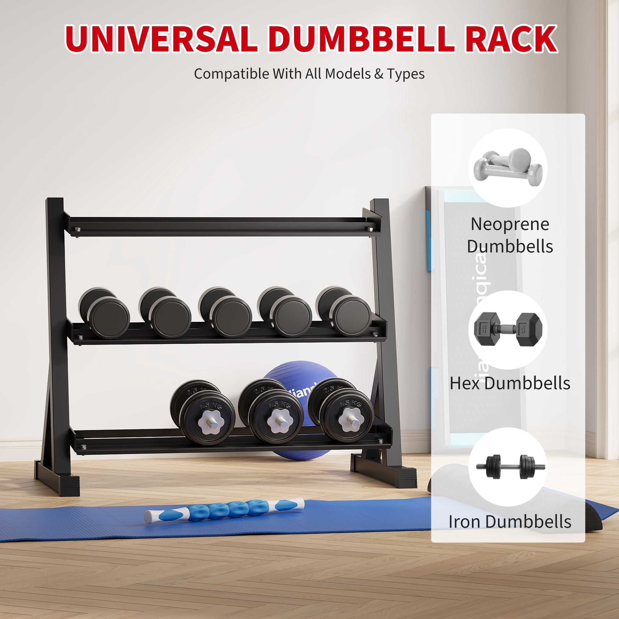 Volkmi 3 Tier Dumbbell Rack Stand, Carbon Steel Weight Storage Rack for Dumbbell Set, 1000 lb Capacity, Black Finish, Angled Shelves for Home Gym, Garage, and Commercial Use