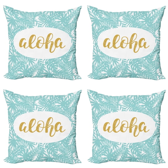 Ambesonne Aloha Throw Pillow Cover 4 Pack, Wording with Palm Tree Leaves, 20", Seafoam Yellow
