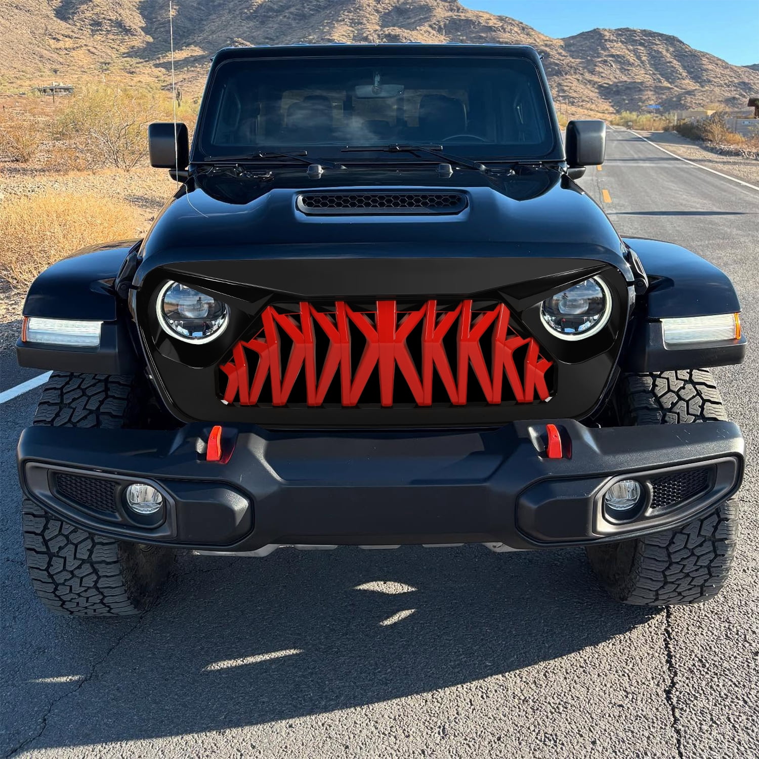 AMERICAN MODIFIED Glossy Black & Red Front Shark Grille for 2018+ Jeep Wrangler JL Gladiator JT