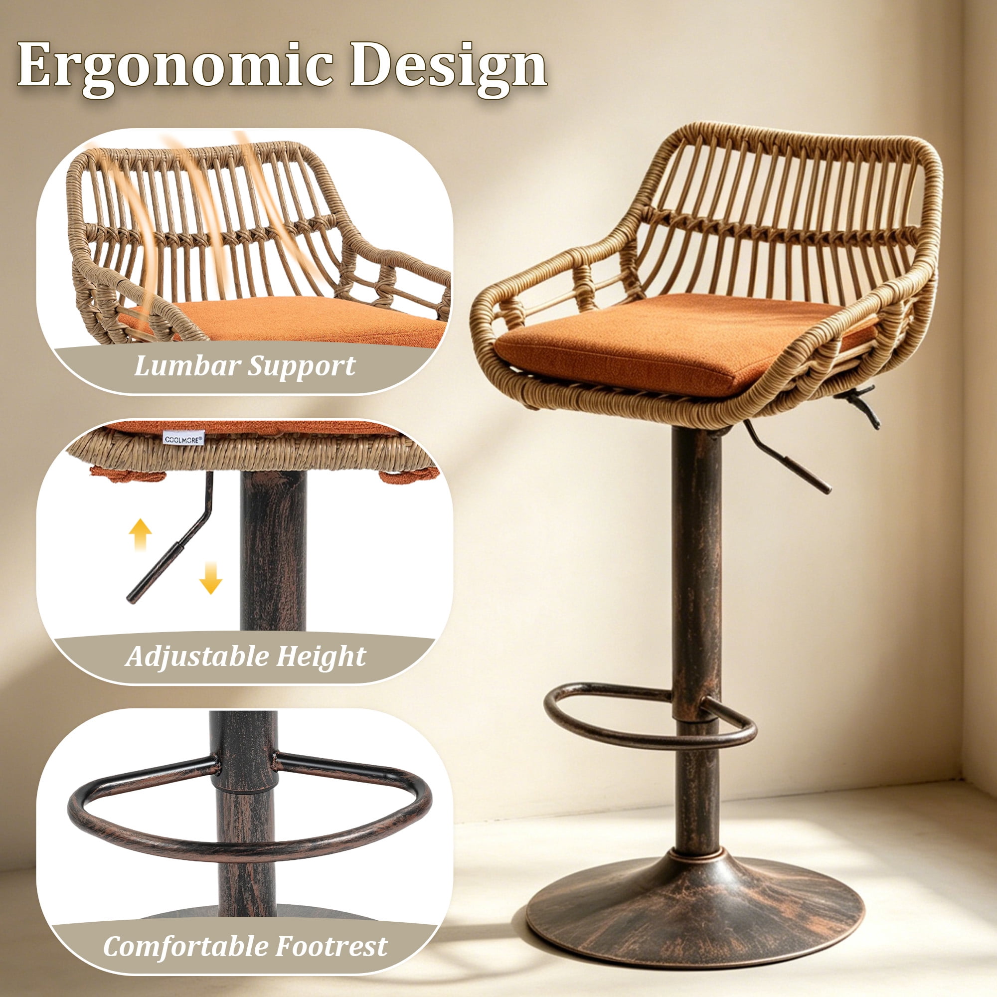 MOONMISS Swivel Bar Stools Set of 2, Modern Adjustable Counter Height Barstools with Back, Rattan Bar Chairs with Cushions & Metal Footrest, Pub Stools for Kitchen, Bar, Dining Room,Orange