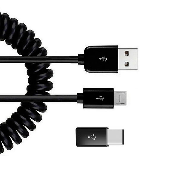 Coiled USB Cable for Samsung Galaxy Z Flip5/Flip4/Flip 3 5G - Charger Cord Micro-USB to USB-C Adapter Power Wire Sync Black for Galaxy Z Flip5/Flip4/Flip 3 5G