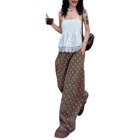 Women's Polka Dot Print Wide Leg Pants Brown S