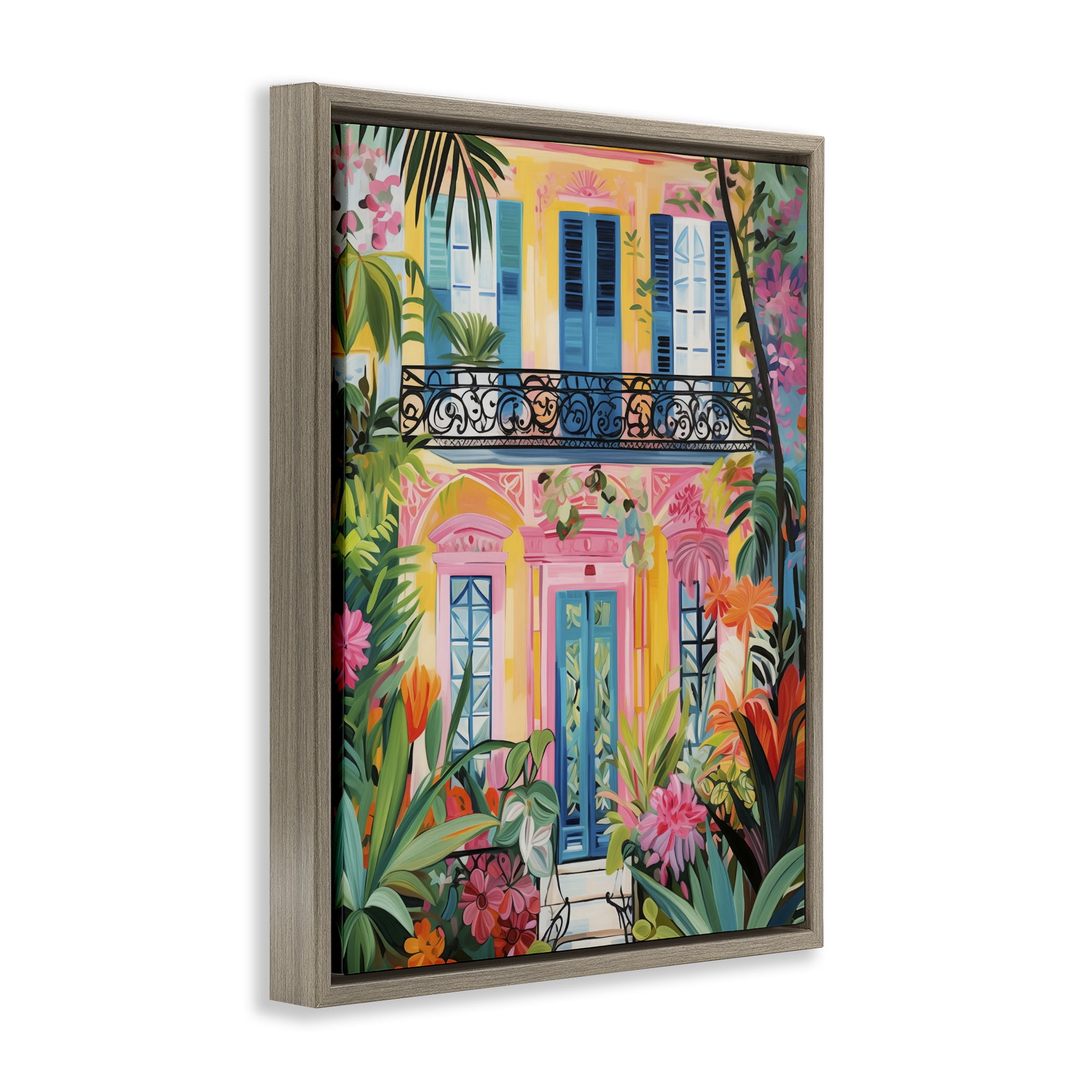 Stupell Industries Colorful Facade with Tropical Garden Brown Framed Floater Canvas Wall Art, design by LSR Design Studio