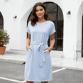 thumbnail image 2 of SOMER Dresses for Women Summer Short Sleeve Midi Dress Crewneck Striped Tie Waist Work Trendy T Shirt Dresses with Pockets Casual Beach Vacation Blue, 2 of 6