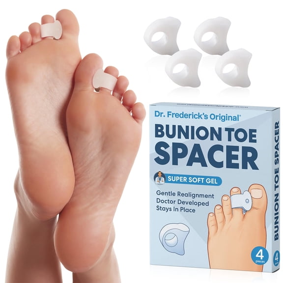 dr. frederick's original toe spacers for bunions - 4 pieces - temporary bunion corrector - soft gel bunion splint toe separators - fast bunion relief - wear with shoes - women & men